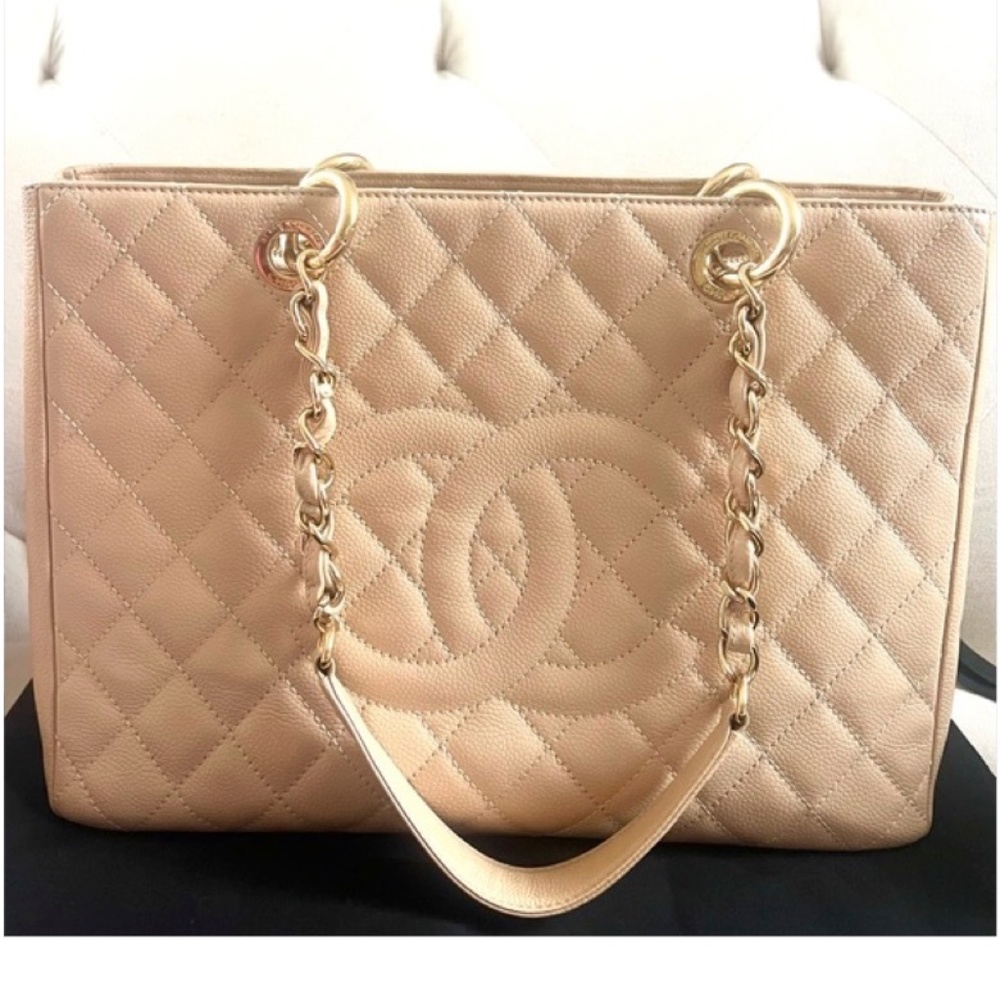 Auth. Chanel Caviar light Beige GST Quilted Leather Tote Bag Box and Dust Bag